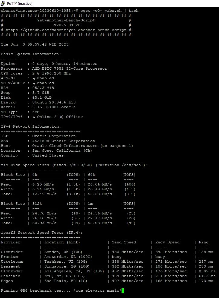 Hasil benchmark menggunakan Yabs.sh VPS gratis dari Oracle